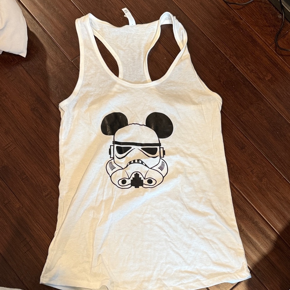 White Racerback Tank with Black Stormtrooper-Mickey Graphic